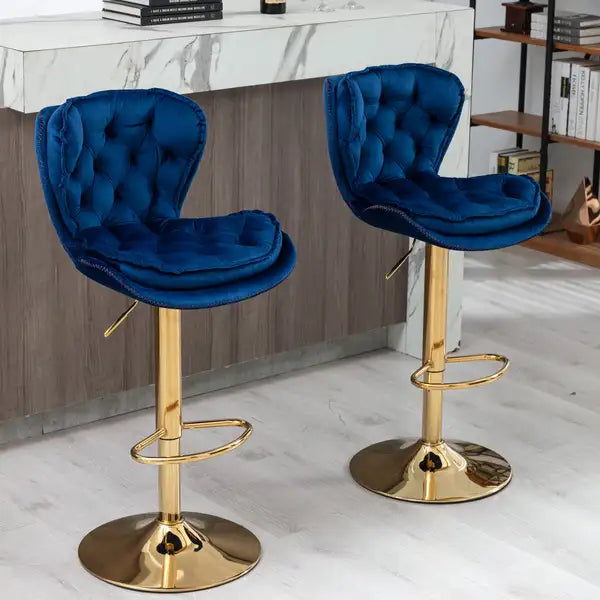 Set of 2 Swivel Bar Stools | Adjustable Height Velvet Upholstery with Chrome Base - Blue