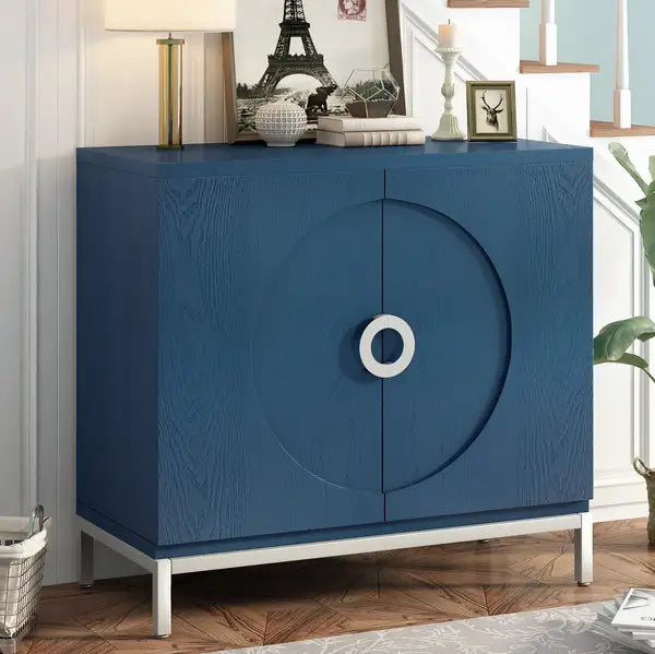 Navy Blue Accent Cabinet with Wood Veneer & Metal Legs - Simple Storage for Living Room