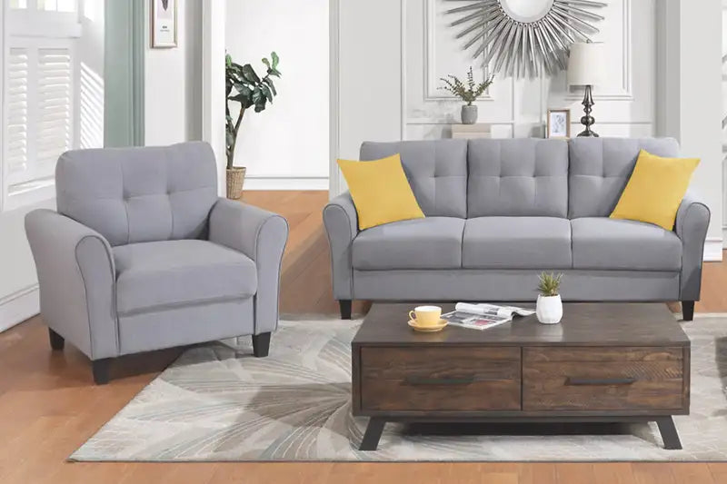 Modern Linen Sofa Set, Light Grey-Blue (1+3 Seater) - Living Room Couch