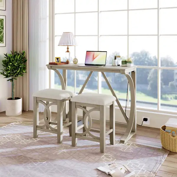 Farmhouse 3-Piece Counter Height Dining Set with USB Port & Upholstered Stools, Cream - Minihomy