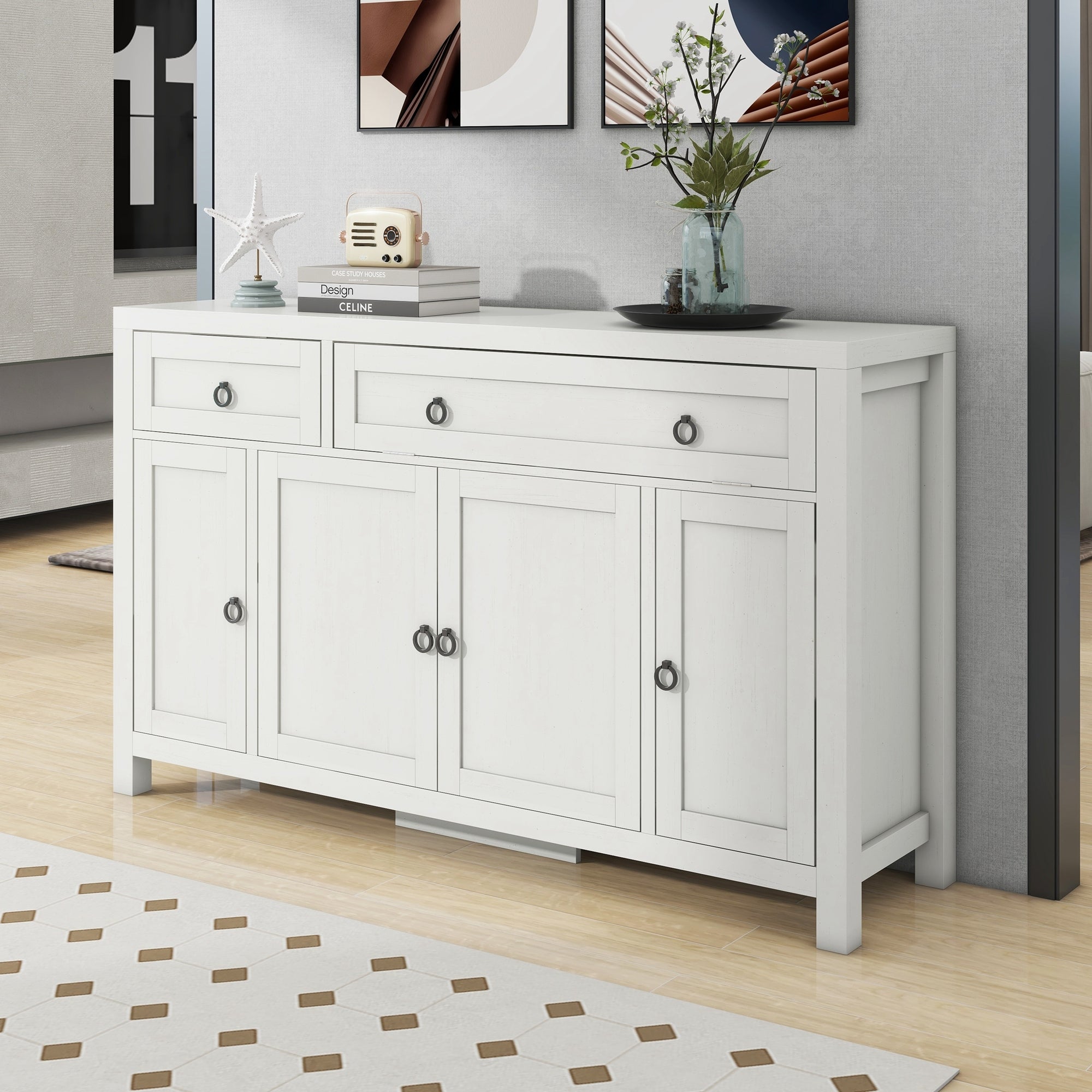 Retro Sideboard with Storage, Flip Door, Drawer & Adjustable Cabinets - Antique White