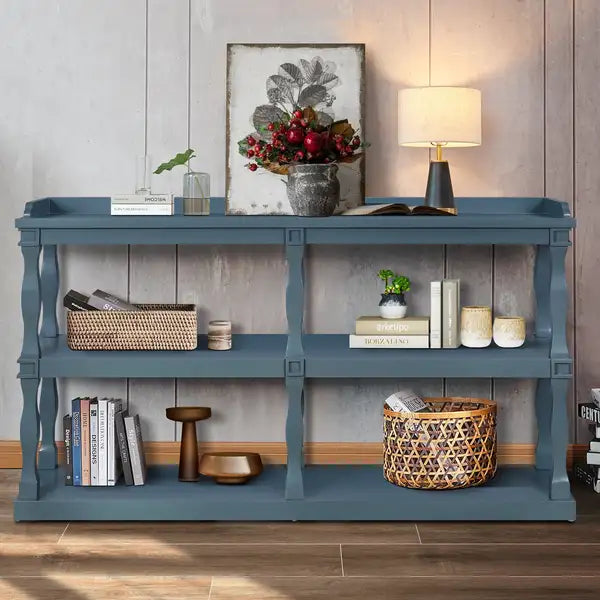 Navy Blue Console Table with Roman Columns - 3-Tier Storage