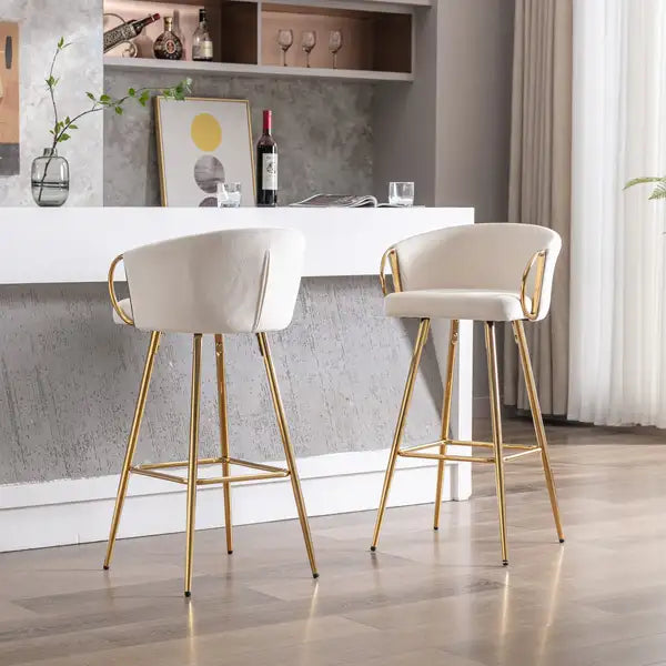 26 Inch Velvet Bar Stools Set of 2, Chrome Base & Footrest, Golden Legs, Cream - Minihomy