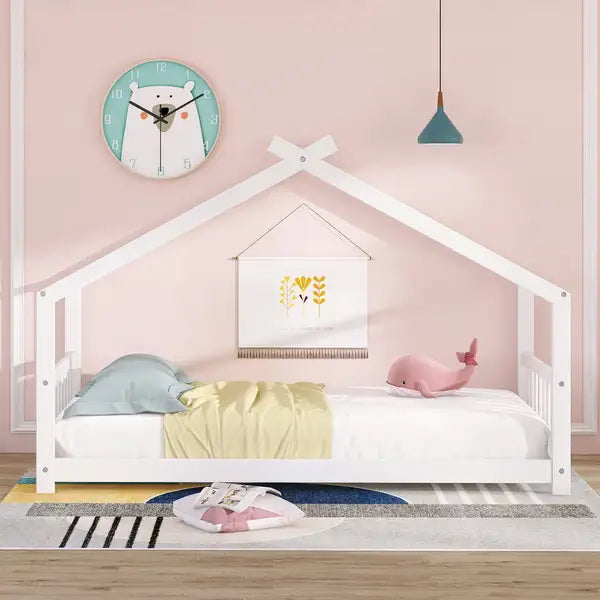 Twin White Wood House Bed Frame - Kids Bedroom Furniture