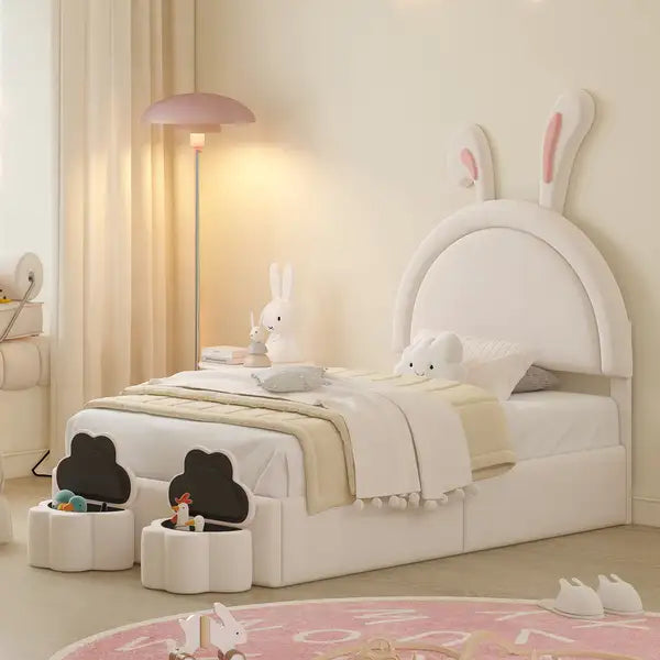 Twin Upholstered Rabbit Bed with Storage Stools, Velvet Platform Bed, White