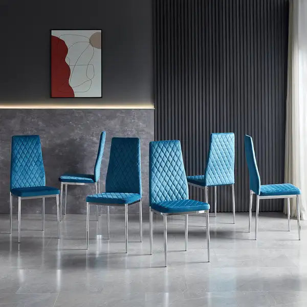 Set of 6 Modern Light Blue Dining Chairs with Chrome Metal Frame - Diamond Grid Pattern