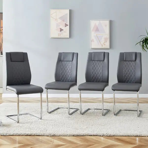 Modern Dining Chairs Set of 4, Faux Leather Padded Seat, Metal Legs, Grey - Minihomy