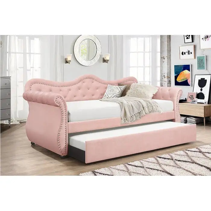 Pink Velvet Daybed with Trundle - Abby Upholstered Wood