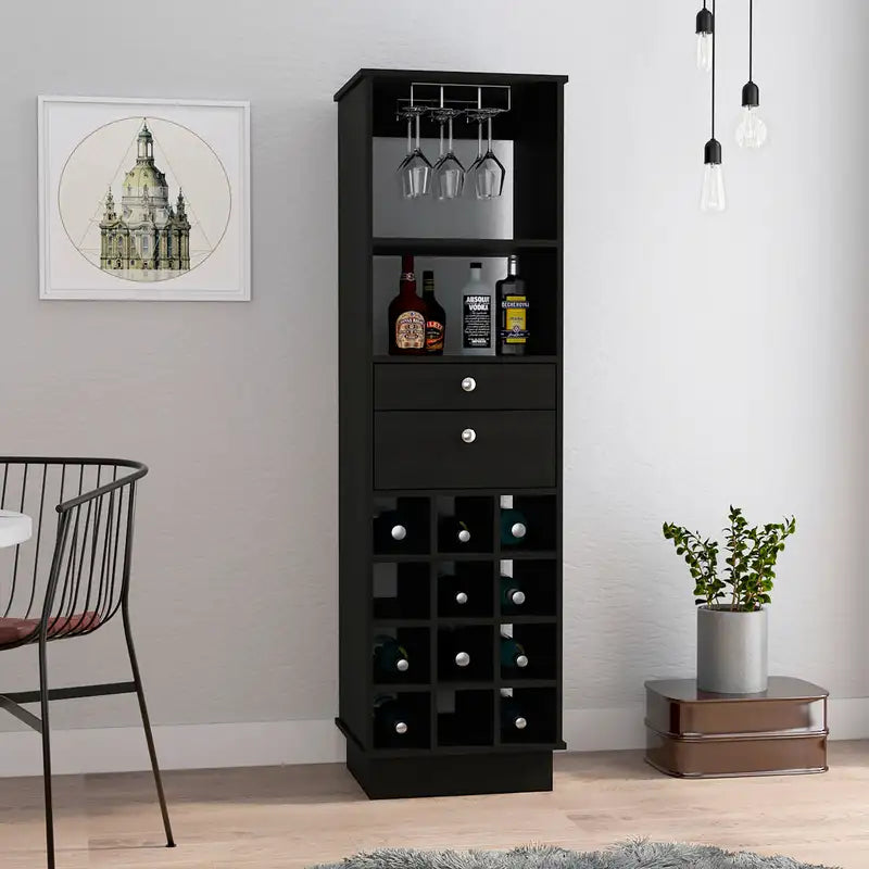 Black Bar Cabinet with 2 Drawers & 12 Wine Bottles