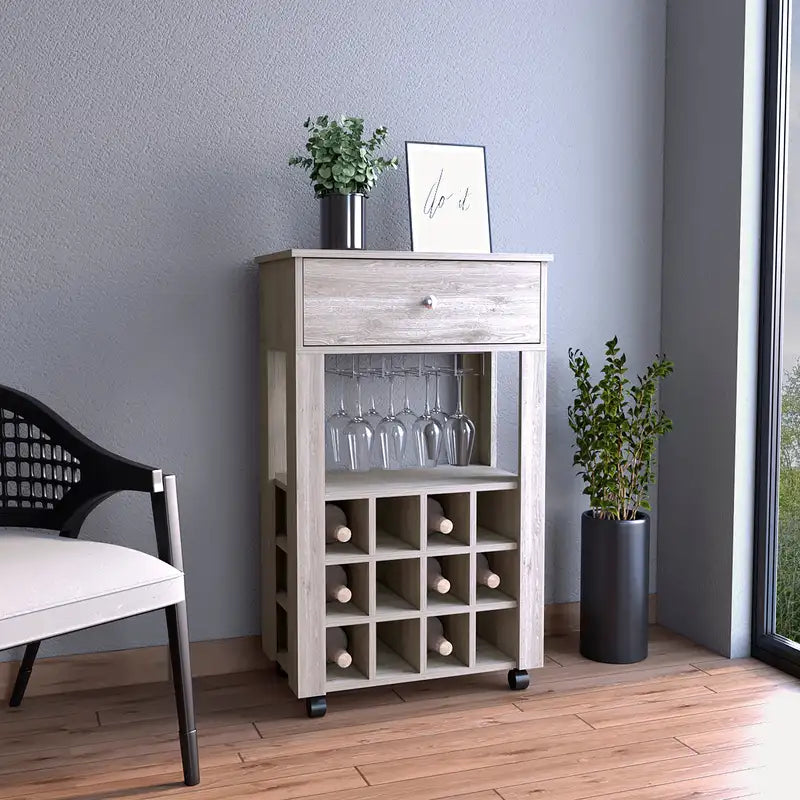 Memphis Bar Cart: 12-Bottle Wine Rack, Open Shelf, Light Gray