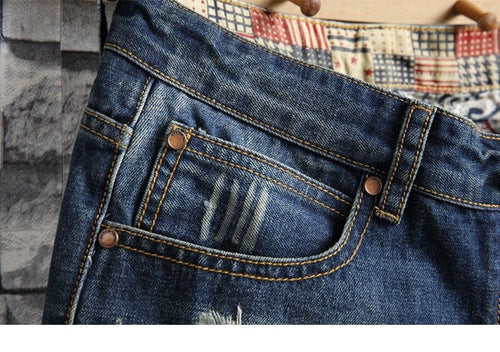 Men Vintage Ripped Short Jeans Streetwear Hole Slim Denim Shorts