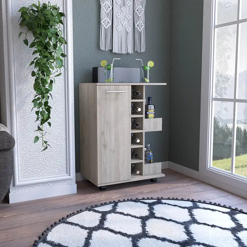 Light Gray Bar Cart: 2 Shelves, 4 Casters, 6 Wine Rack, Cabinet