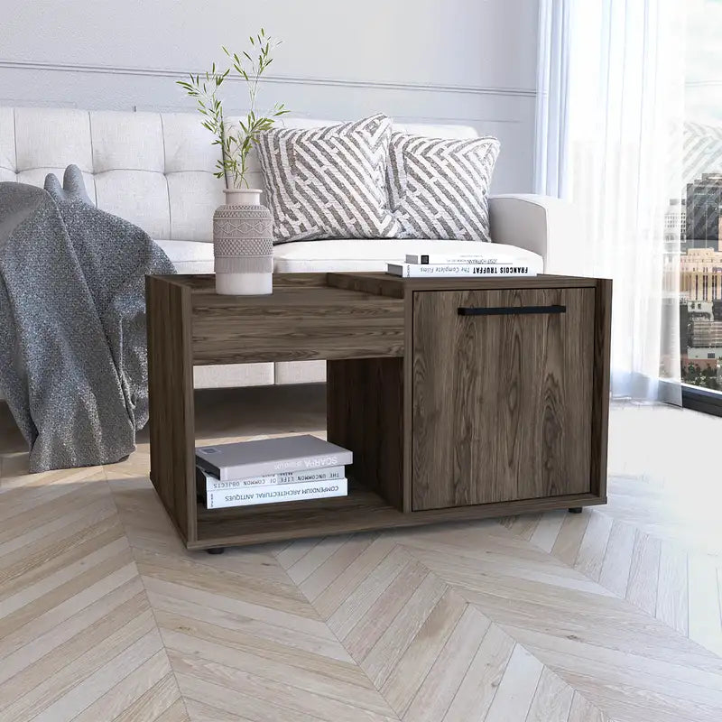 Lyon Dark Walnut Coffee Table with Cabinet & Shelf