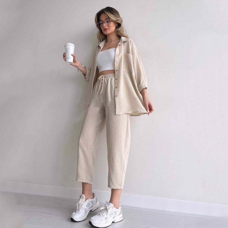Women's Casual Loose Shirt Cropped Sports Harem Pants Two-piece Set