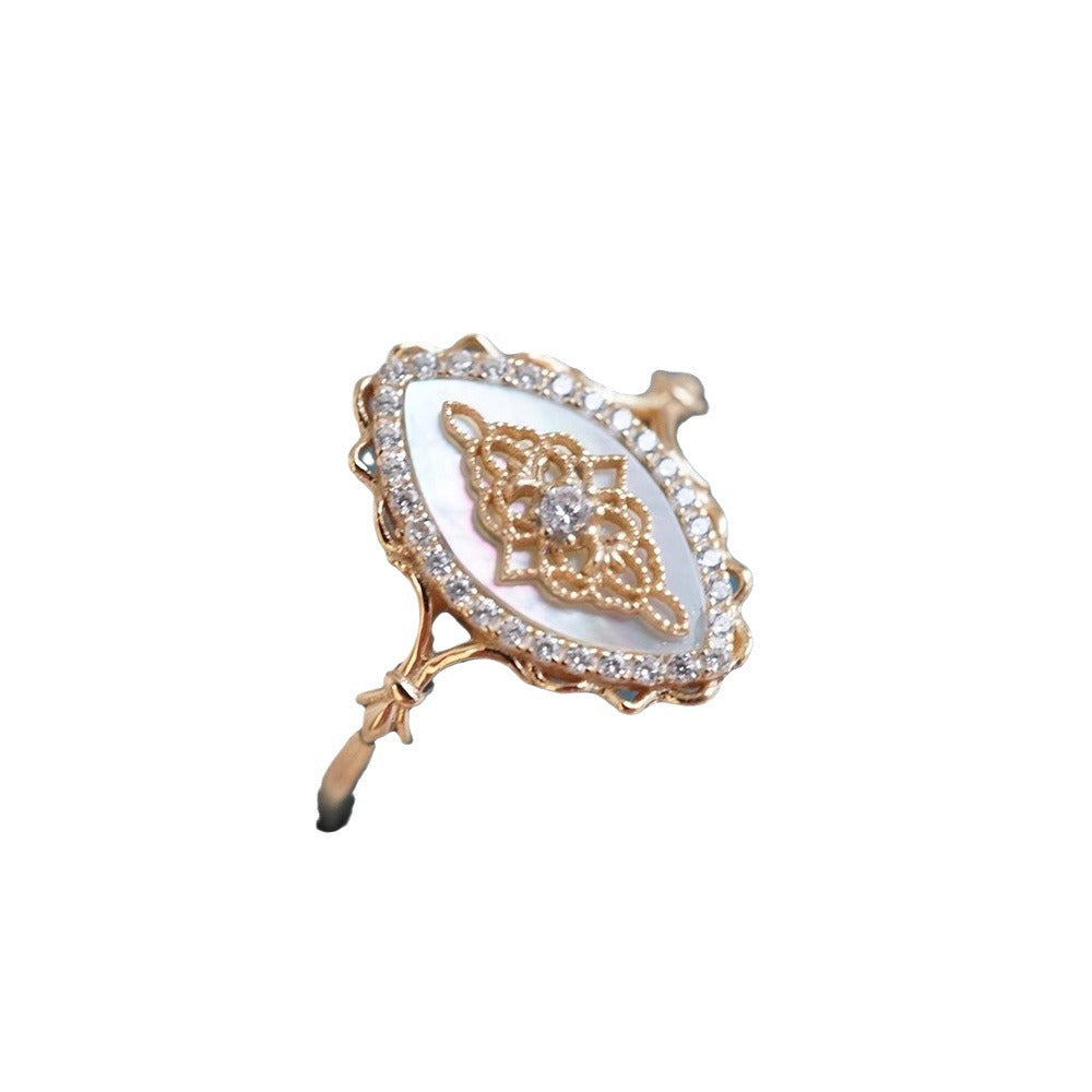 White Shell Hollow Lace Inlaid Zircon S925 Sterling Silver Gold Plated Ring