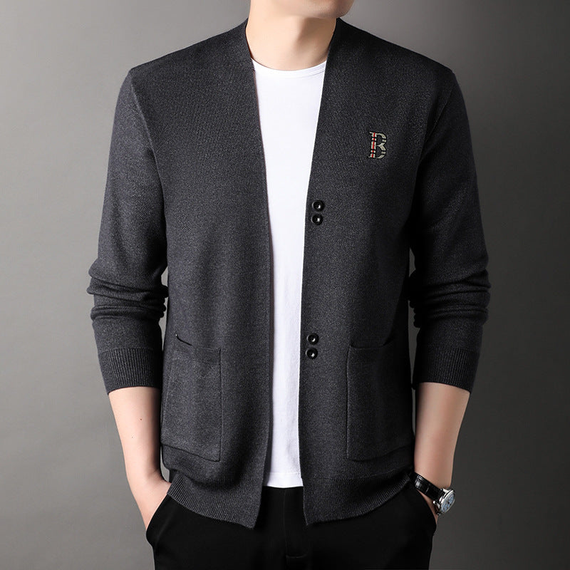 Autumn Knitted Cardigan Men's Simple Embroidery Versatile Sweater Coat
