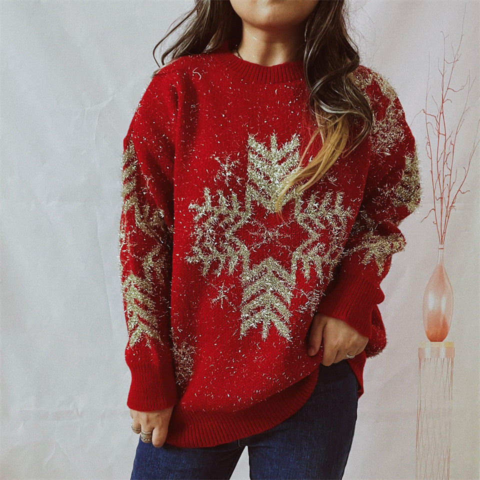 Women's Loose Gold Line Large Snowflake Christmas Sweater