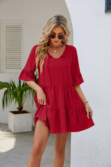 Women's Pleated Ruffled Short Sleeve Lace-up Dress