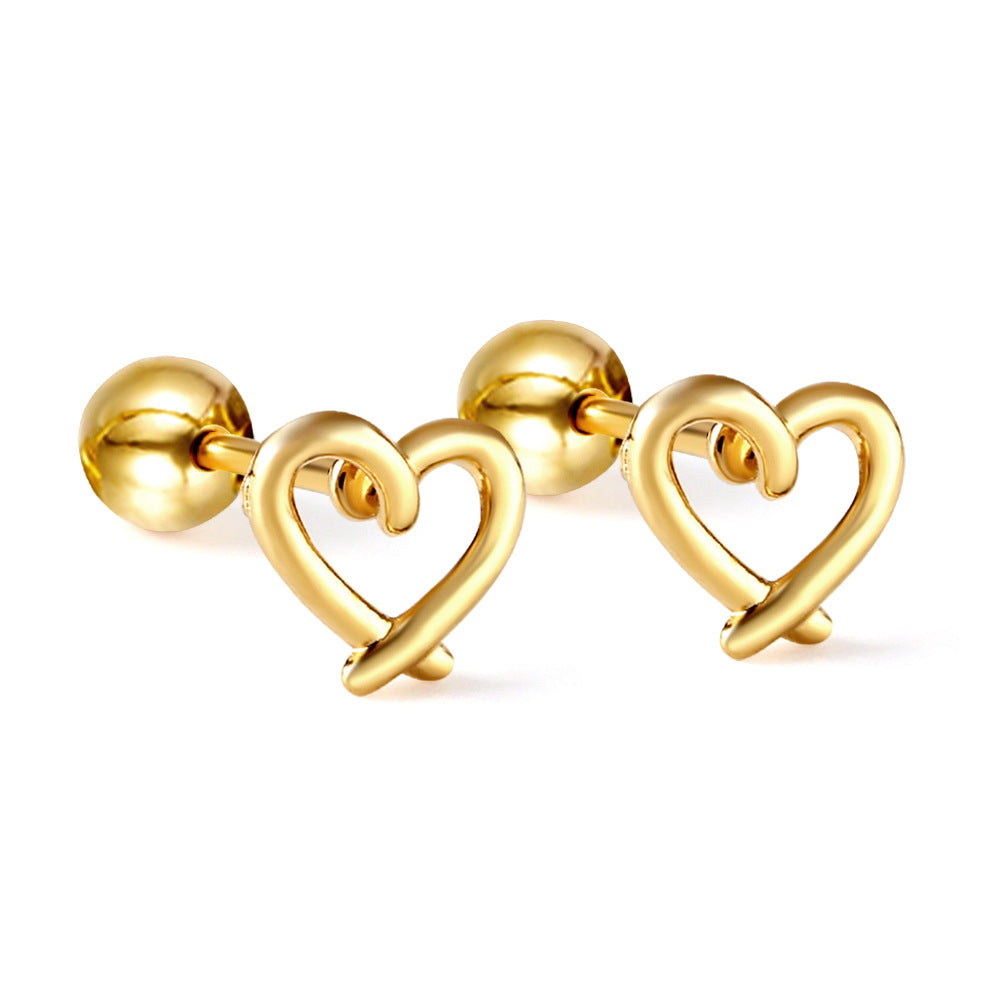 Love Heart Stud Earrings Stainless Steel Hollow Jeweled Earrings