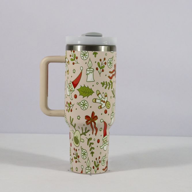 Christmas Pattern Mug With Handle Lid Straw Drinkware Stainless Steel Vacuum Tumbler Large Capacity Car Travel Coffee Cup - Minihomy