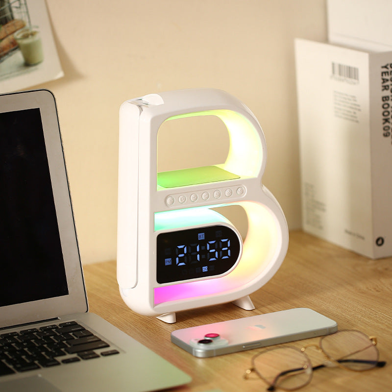 B-Shaped Bluetooth Speaker with Wireless Charger, Smart Music Rhythm Lighting, and Alarm Clock - Minihomy