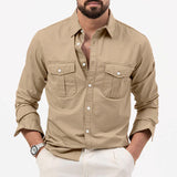 Men Shirt Multi-pocket Solid Color Casual Long Sleeves Top