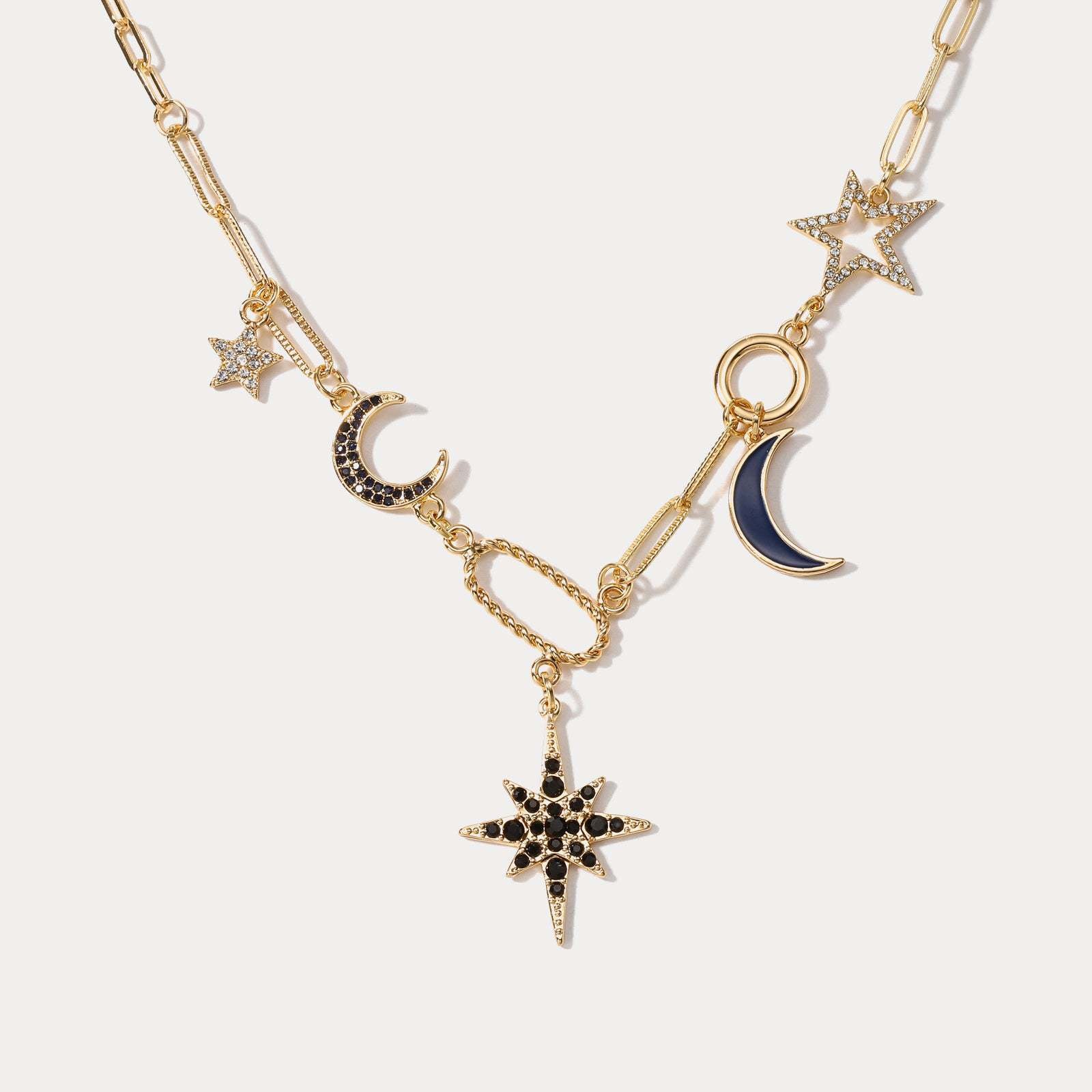 Copper Plated Gold Star & Moon Rhinestone Necklace - Fashion Jewelry