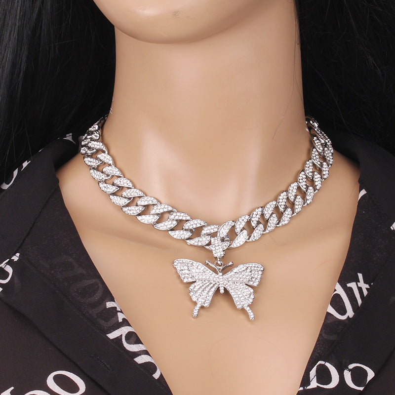 Hip Hop Trend Ins Style Diamond Butterfly Cuban Pull Daikin Clavicle Chain