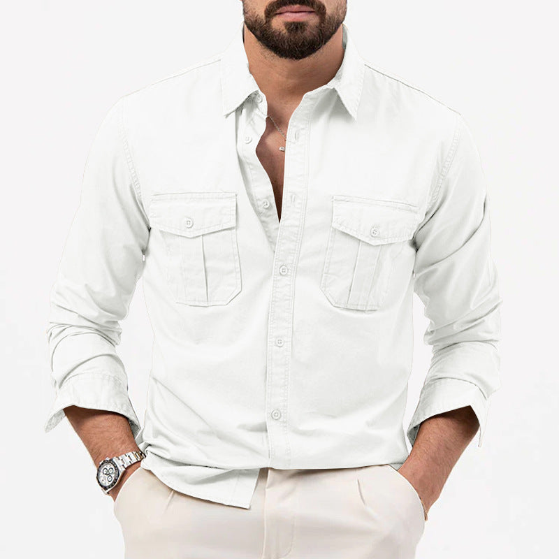 Men Shirt Multi-pocket Solid Color Casual Long Sleeves Top