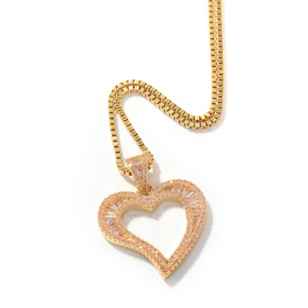Square Zirconium Small Heart Pendant Necklace: Simple Hip Hop Style