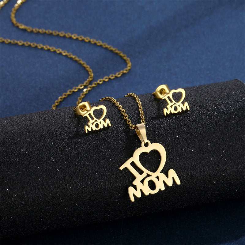 Mother's Day Jewelry Set Stainless Steel I Love Mom Mama Love Heart Pendant Necklace Earrings Thanksgiving Gift