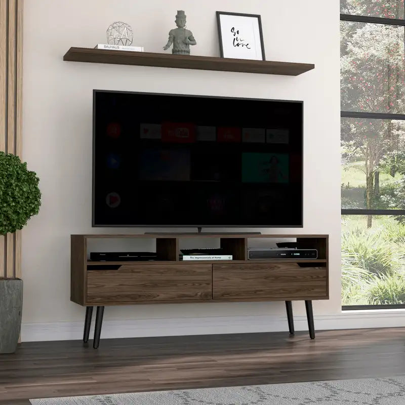 Oslo TV Stand | 51" TV, 2 Drawers, 4 Legs, 3 Shelves - Dark Walnut