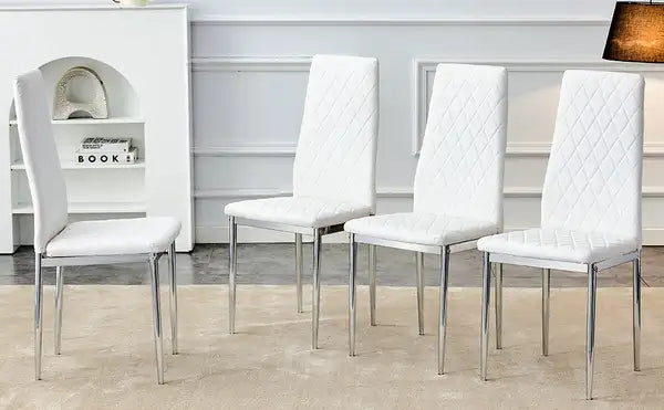 Modern Dining Chairs Set of 4 | White Upholstery, Silver Metal Legs, High Backrest - Restaurant, Living Room, Kitchen, Office - Minihomy