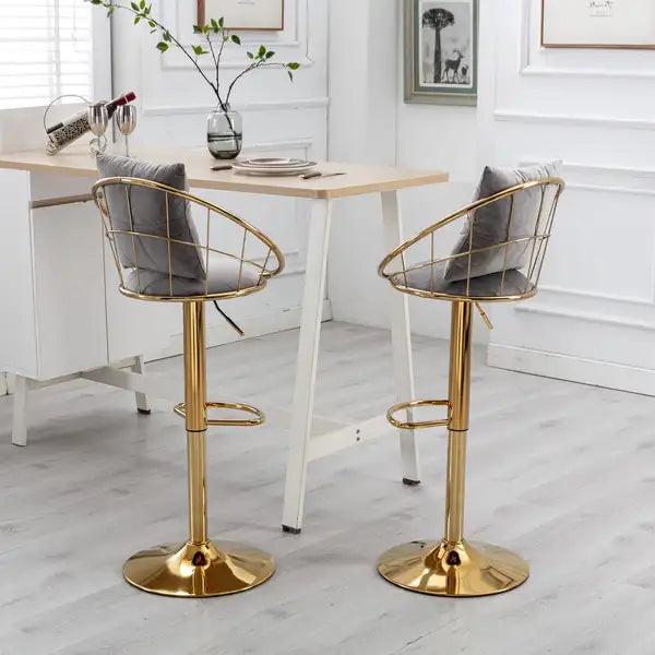 Gold & Grey Velvet Bar Stools (Set of 2) - Adjustable Height, 360° Swivel