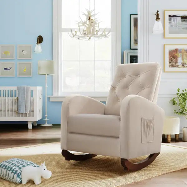 Modern Baby Nursery Rocking Chair - High Back, Padded Seat