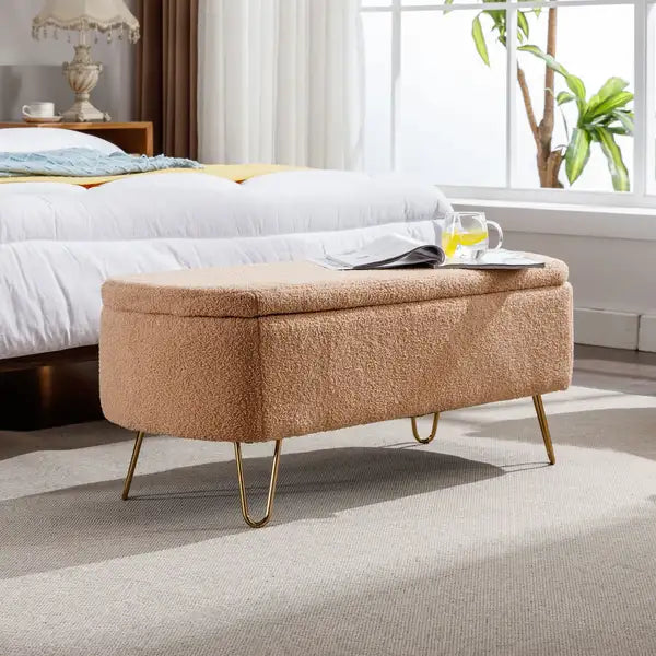 Camel Faux Fur Ottoman Bench with Storage - Gold Legs