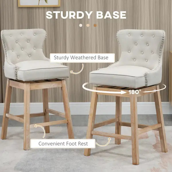 Cream Upholstered Bar Stools, 180° Swivel, Nailhead Trim, 30" Seat Height, Set of 2 - Minihomy