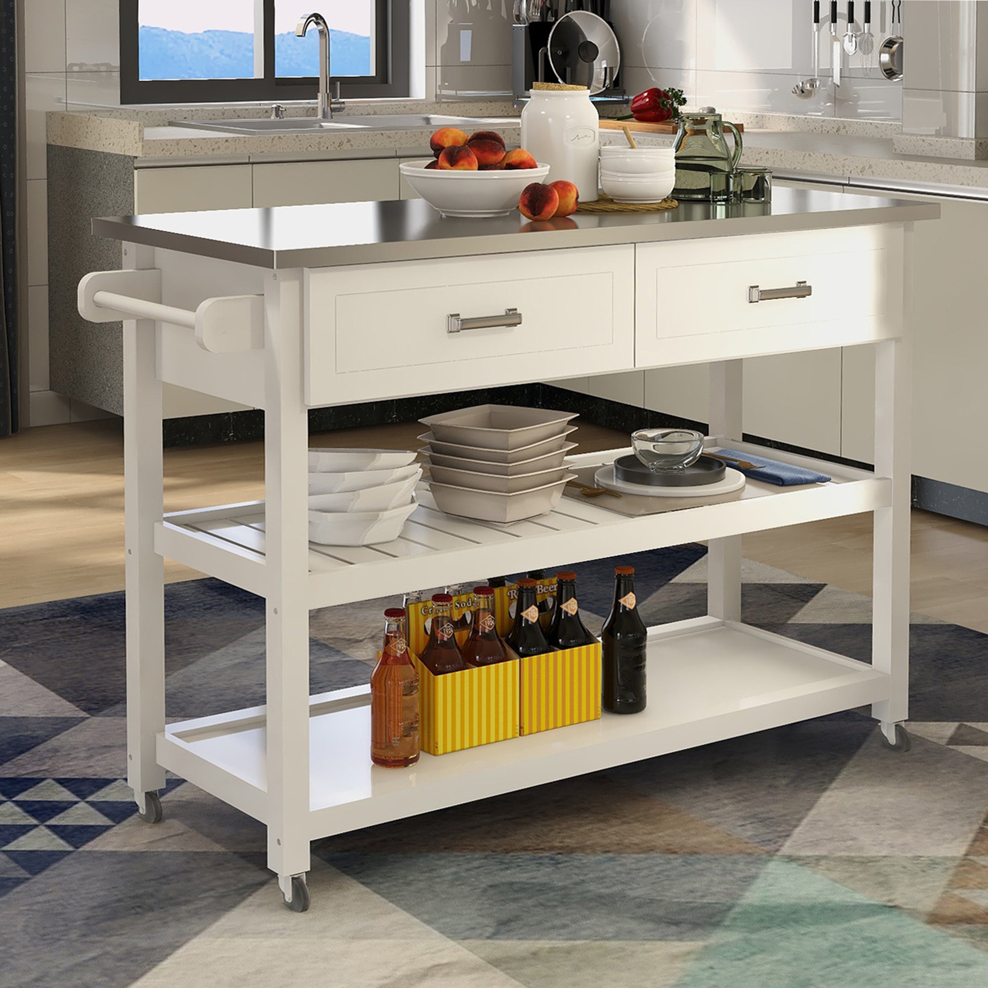 White Kitchen Cart with 2 Drawers & Stainless Steel Top - Mobile Storage