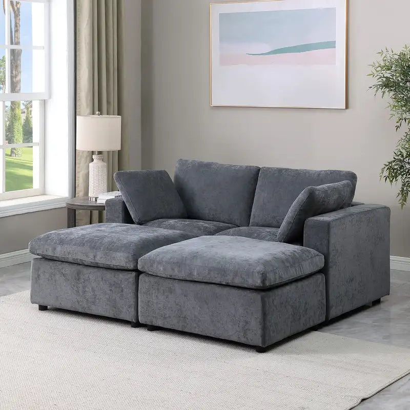 Grey Chenille Modular Sofa Sleeper & Ottomans - 68.5" Loveseat