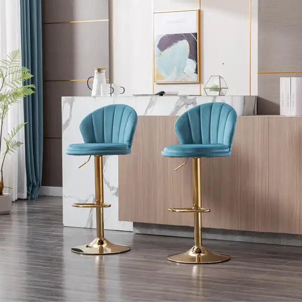 Adjustable Swivel Bar Stools (Set of 2) - Chrome Footrest, Velvet Upholstery, Golden Legs, Baby Blue - Minihomy