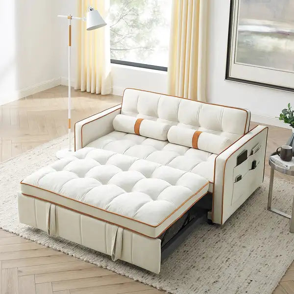 Modern 55.5" Pull-Out Sofa Bed with Adjustable Backrest & Pillows