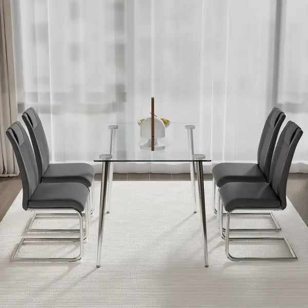 Grey Dining Set: 51" Glass Table & 4 Chairs - Modern Kitchen Furniture - Minihomy