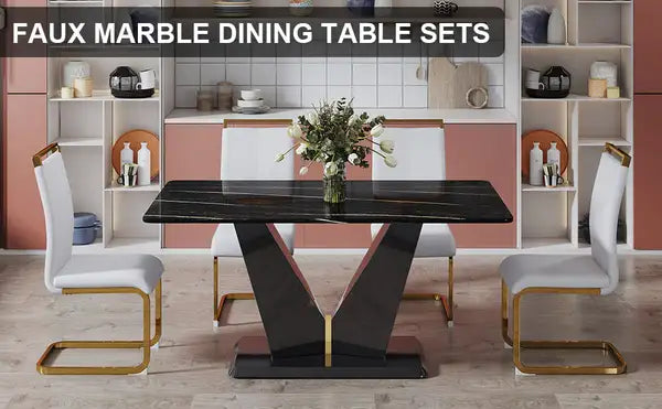 Modern Dining Table & Chair Set - Black Marble Glass Top, Comfortable PU Seats - Minihomy