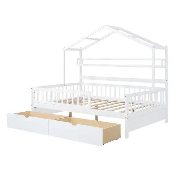 Full Size Wooden House Bed with Storage - White - Kids Bed with 2 Drawers - Minihomy