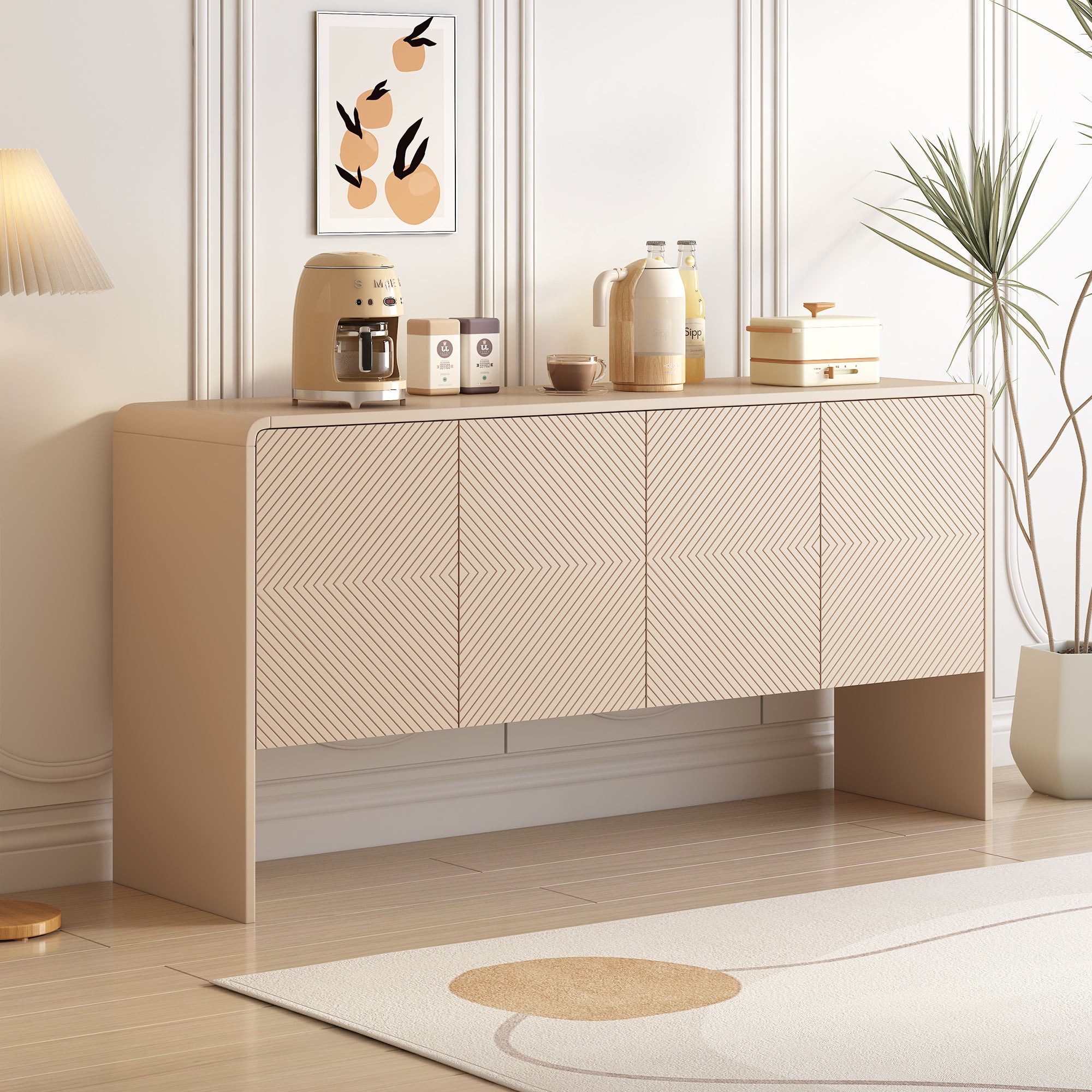 60" Large Storage Sideboard with 4 Doors & Rebound Device - Minimalist Style (Apricot Cream)