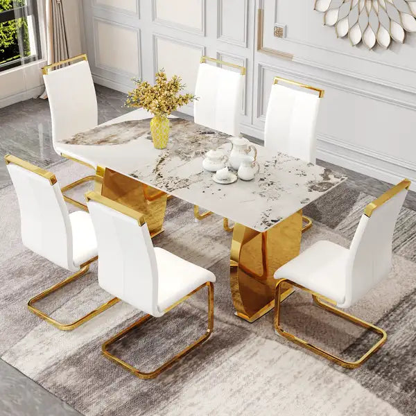 Gold Metal Dining Table and Chair Set with Rock Plate Top - Modern & Stable - Minihomy