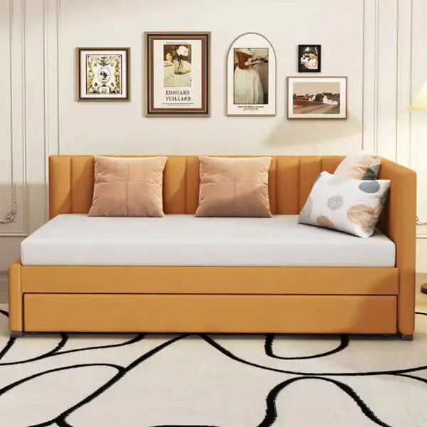 Twin Daybed with Trundle - Upholstered Sofa Bed Frame, Linen Fabric (Yellow) - No Box Spring Needed