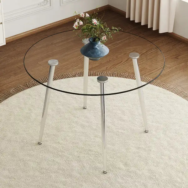 Round Glass Top Dining Table with Silver Metal Legs - Exquisite Home Decor