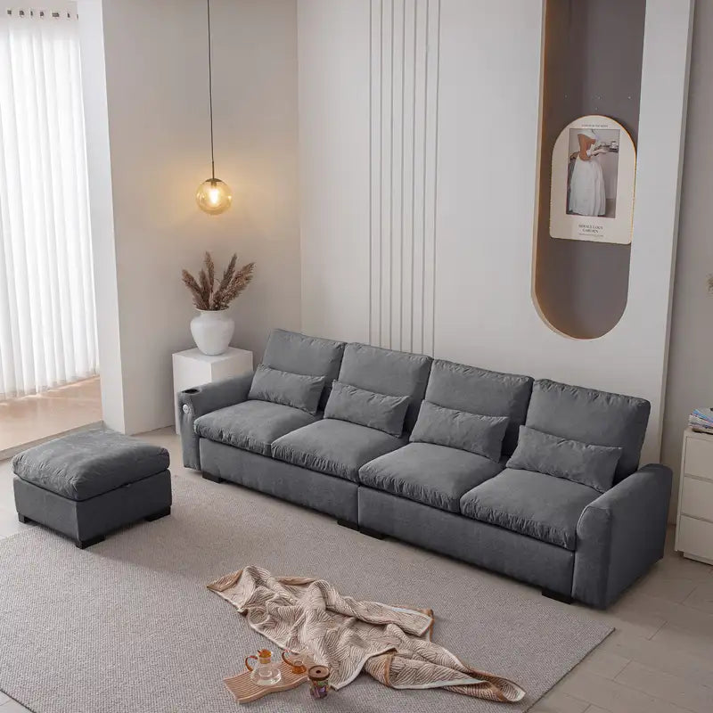 Modern L-Shaped Chenille Sofa with Ottoman & Storage (114.5")