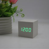 Minimalist Cube shaped sound-sensitive wooden digital clock with temperature display - Minihomy